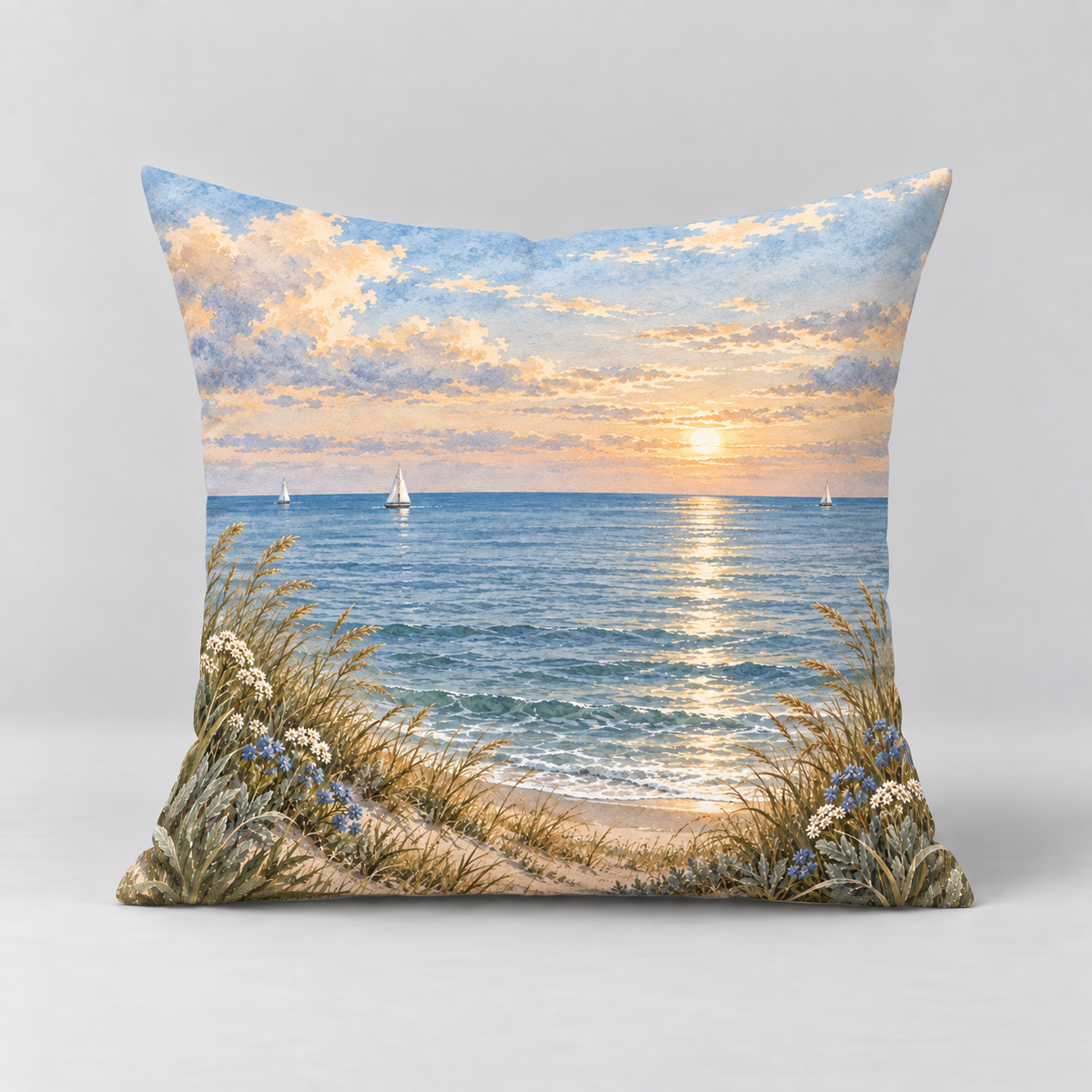 Dekokissen Segelboot am Abendmeer, 40 × 40 cm