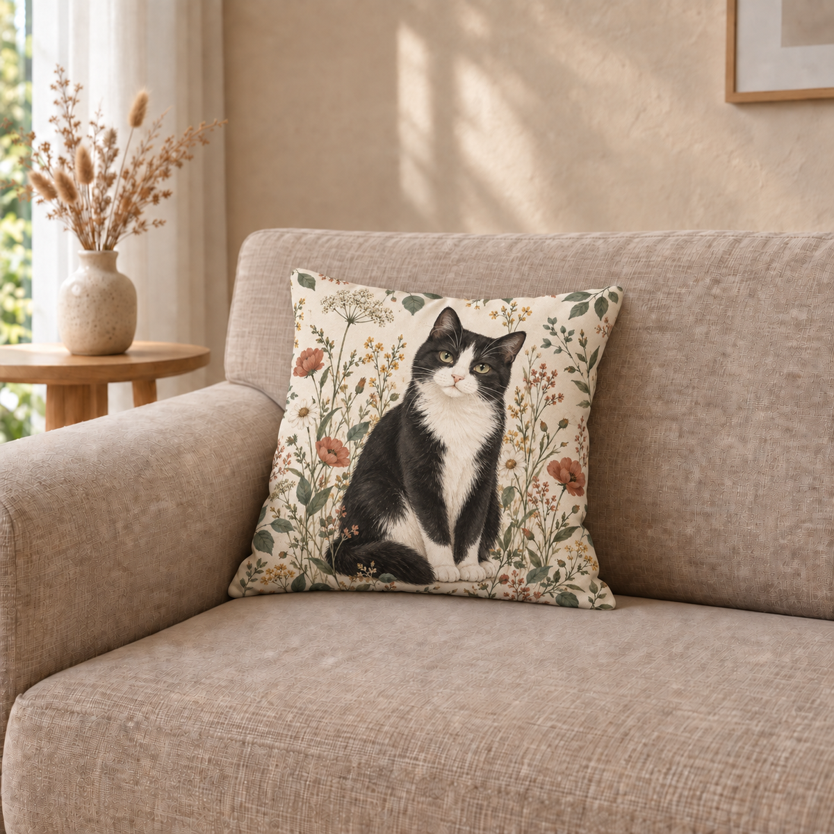 Dekokissen Katze Wildblumen, 40 × 40 cm