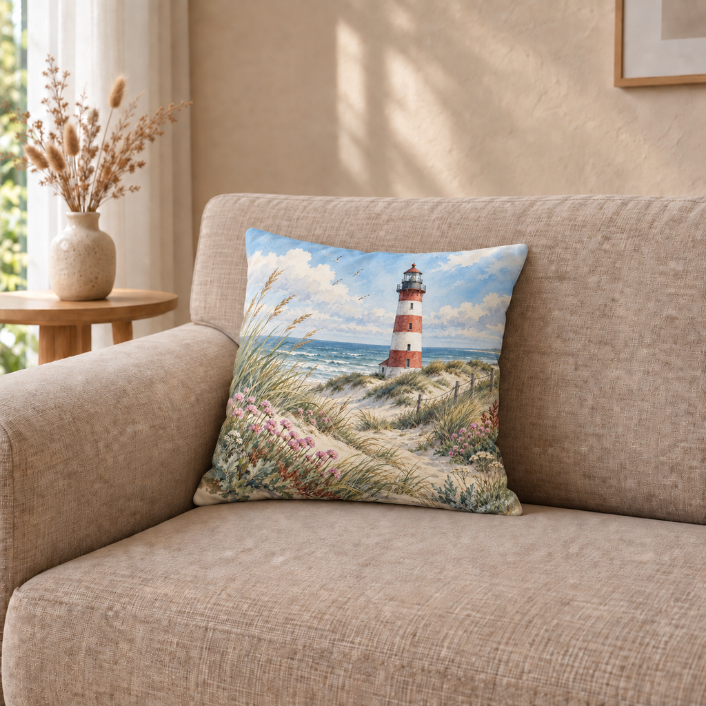 Dekokissen Leuchtturm in den Dünen, 40 × 40 cm
