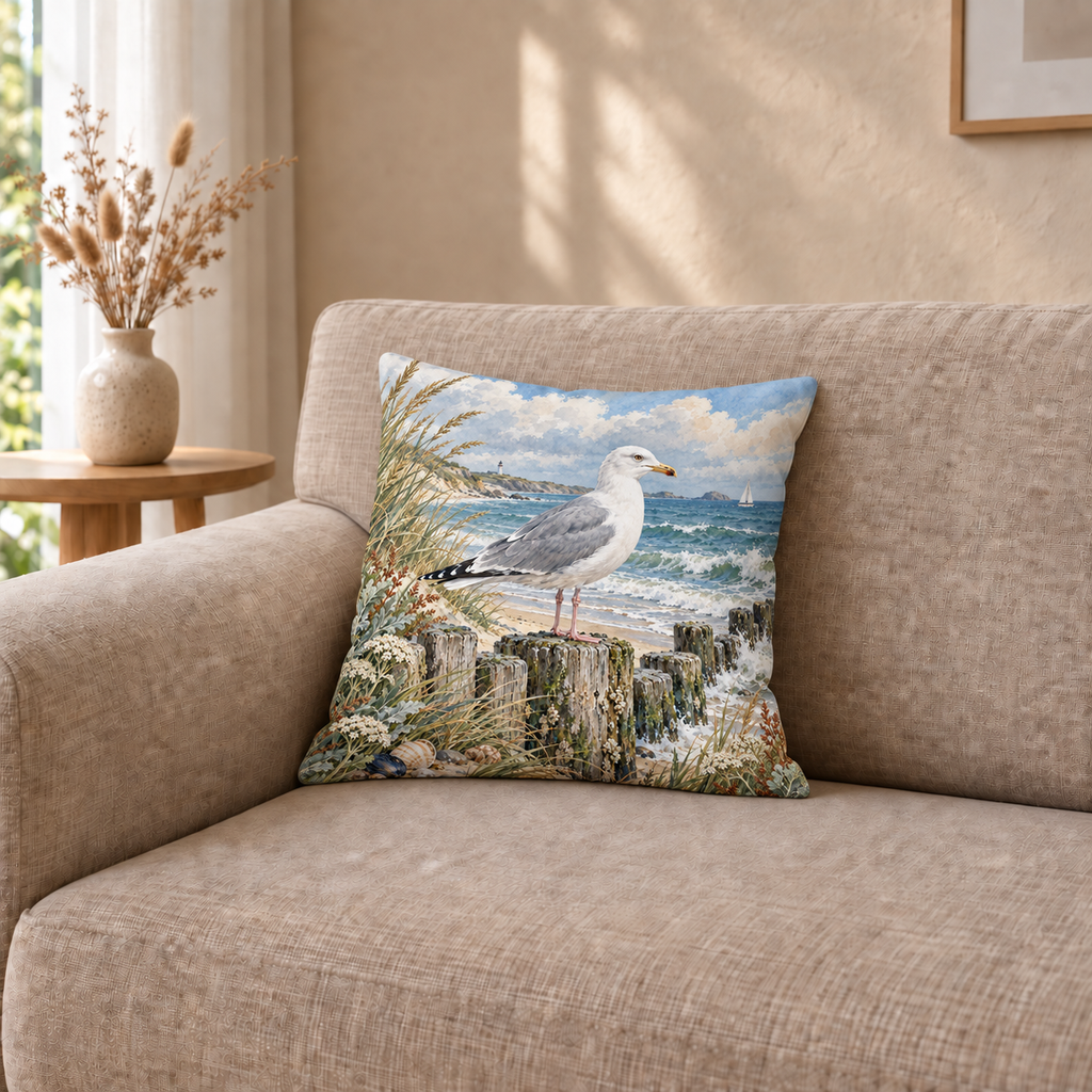 Dekokissen Möwe im Küstenwind, 40 × 40 cm