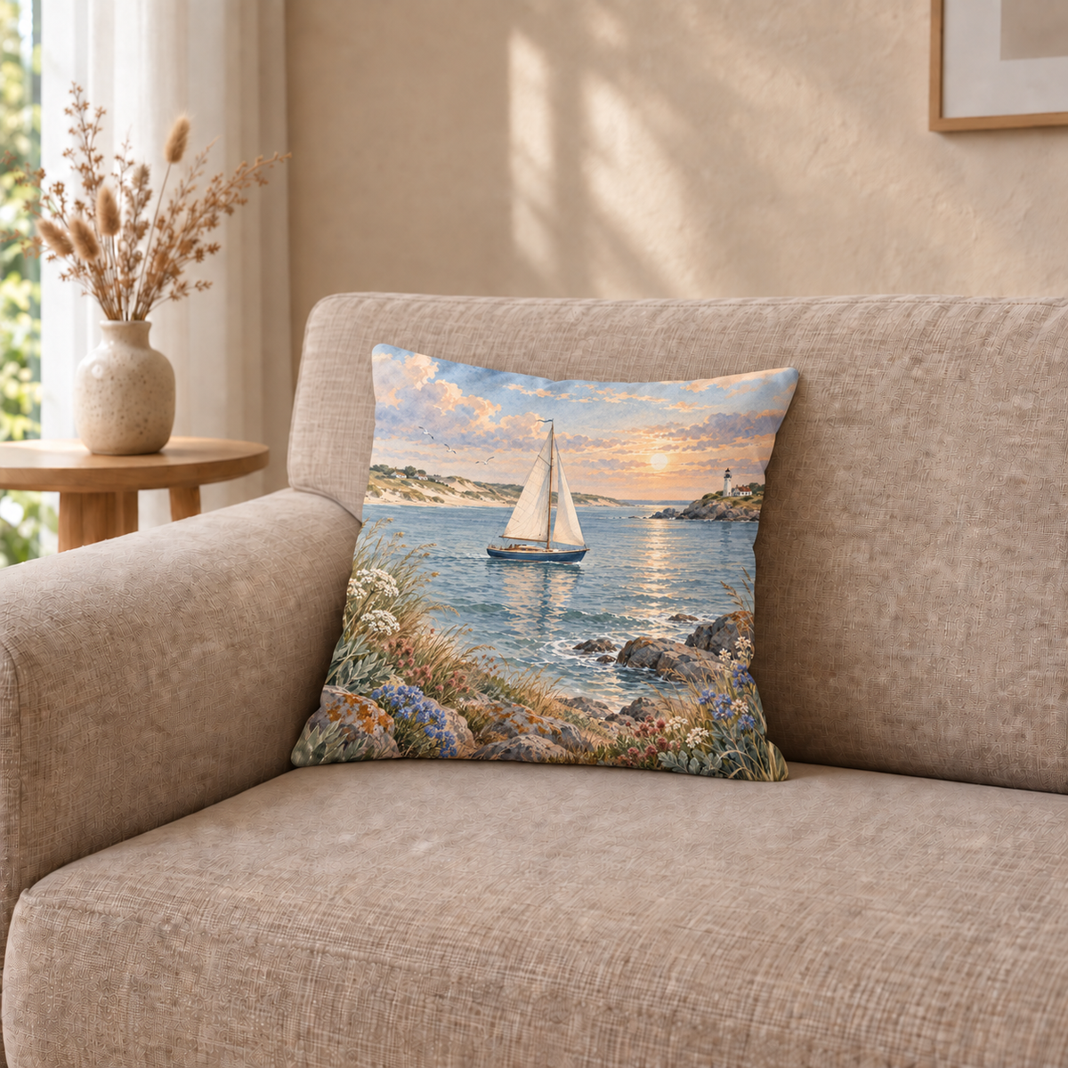 Dekokissen Segelboot am Abendmeer, 40 × 40 cm
