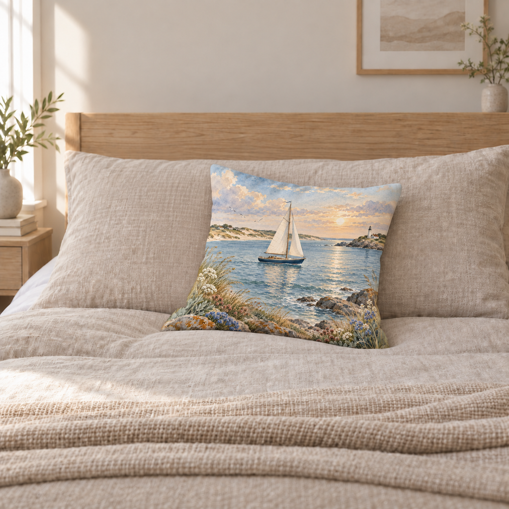Dekokissen Segelboot am Abendmeer – auf einem Bett im Schlafzimmer