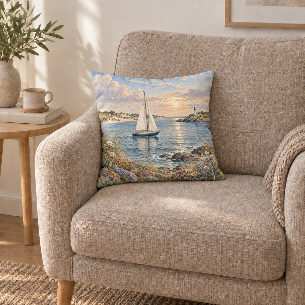 Dekokissen Segelboot am Abendmeer, 40 × 40 cm