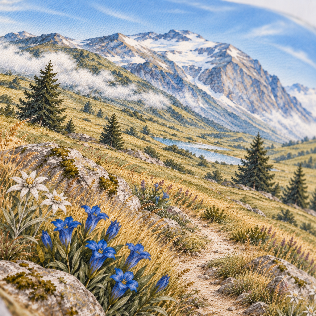 Dekokissen Alpenwiese – Nahaufnahme der bedruckten Stoffstruktur