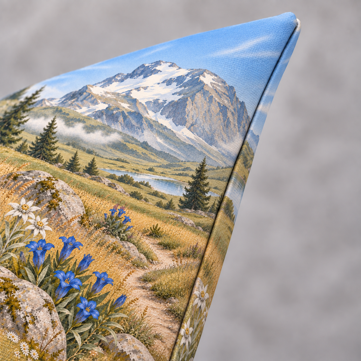 Dekokissen Alpenwiese – Detailaufnahme von Kissenkante und Ecke