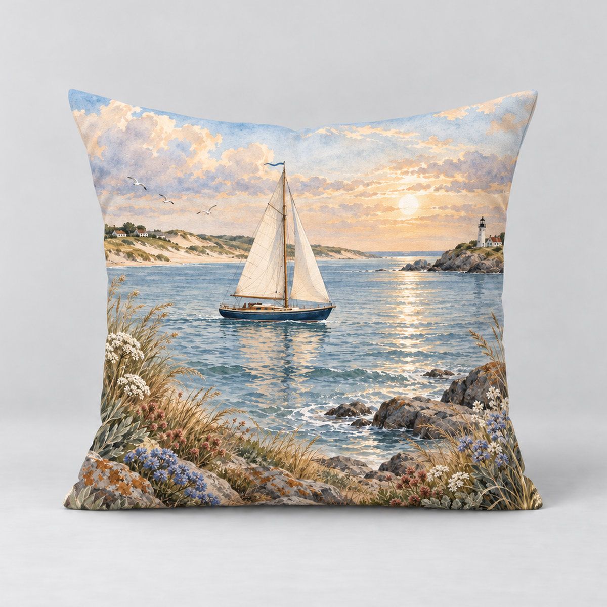 Dekokissen Segelboot am Abendmeer, 40 × 40 cm