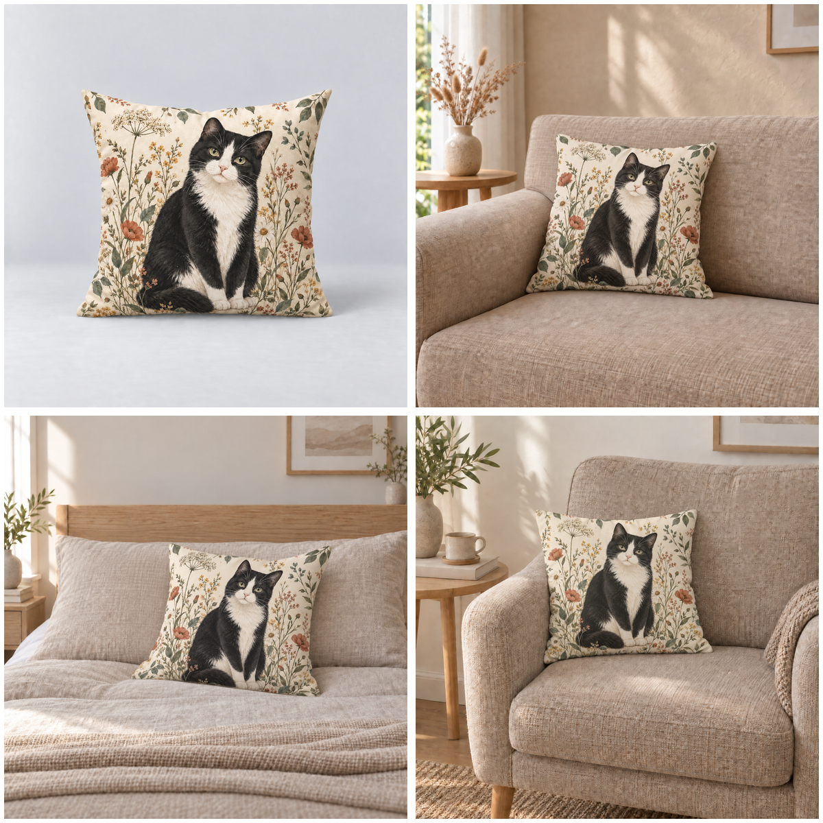 Dekokissen Katze Wildblumen, 40 × 40 cm